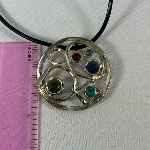 Silver Tone Round Rhinestones Pendant Corded Necklace Open Work Geometric - Picture 7 of 10